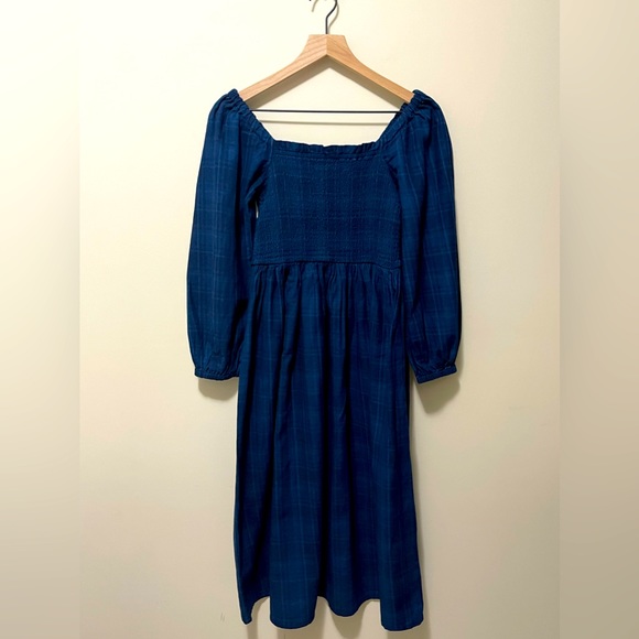 J. Crew Indigo Plaid Smocked Balloon Puff Sleeve Midi Long Sleeve Dress - Picture 3 of 10